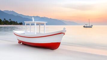 Tranquil sunset over a serene beach with a traditional boat resting on the shore photo