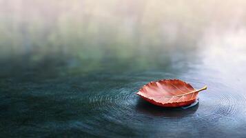 Tranquil scene of a single autumn leaf floating on still water, surrounded by blurred nature photo