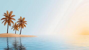 Tranquil tropical island at sunset with palm trees reflecting in calm waters, serene atmosphere photo