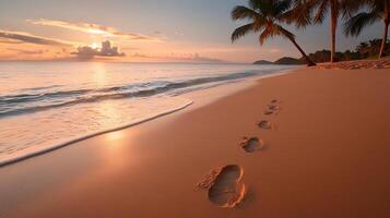 Tranquil sunset over a serene beach with footprints leading towards the calm ocean waves photo