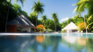 Tranquil tropical resort with palm trees, serene pool, and luxurious villas under clear sky photo