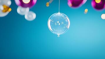 Transparent bubble hanging against a vibrant blue background with colorful orbs and light reflections photo