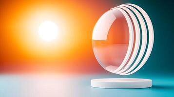 Transparent orb with layered rings illuminated by a bright sunset in a serene setting photo