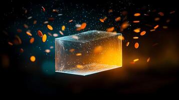 Transparent cube surrounded by floating coins and particles, illuminated by a glowing background photo