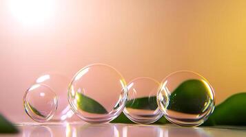 Transparent soap bubbles resting on green leaves with a soft pastel background creating a serene atmosphere photo