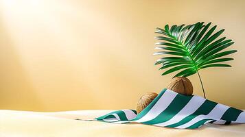 Tropical scene featuring coconuts and a palm leaf on a sandy surface with soft lighting photo