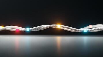 Twisted string lights glowing in vibrant colors, casting reflections on a smooth surface photo
