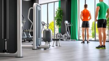 Two athletic men in a modern gym observing workout equipment and a sunny outdoor view photo