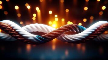 Twisted ropes illuminated by vibrant bokeh lights creating a dynamic visual effect photo