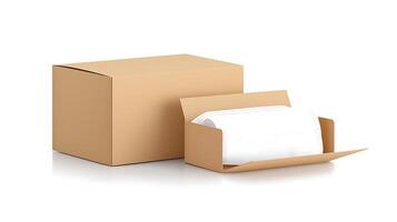 Two cardboard boxes with one partially open, revealing white contents inside, on a plain background photo