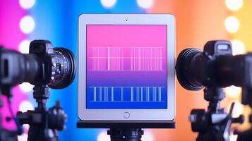 Two cameras positioned on either side of a tablet displaying colorful wave patterns, studio setting photo