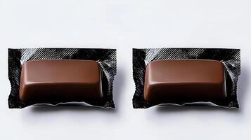 Two chocolate bars wrapped in shiny foil, placed symmetrically on a clean white background photo