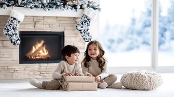 Two children joyfully unwrapping gifts by a cozy fireplace during a snowy winter day photo