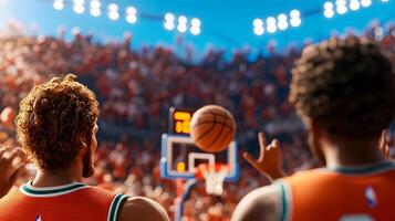 Two basketball players in action during a game, with a cheering crowd in the background photo