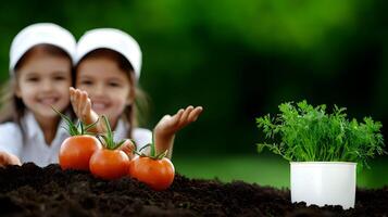 Two children smiling while showcasing freshly harvested tomatoes and coriander in a garden photo