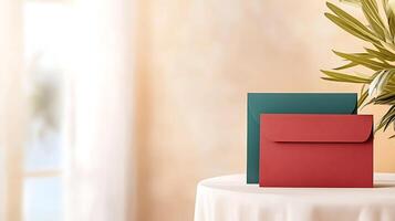 Two colorful envelopes on a table with soft lighting and a plant in the background photo