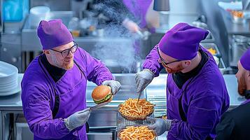 Two chefs in purple uniforms prepare a burger and fries in a busy kitchen with steam rising photo
