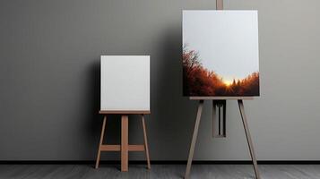 Two easels displaying blank and sunset landscape paintings in a modern gallery setting photo