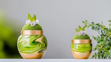 Two decorative jars with green swirls and floral accents on a minimalist shelf against a blurred background photo
