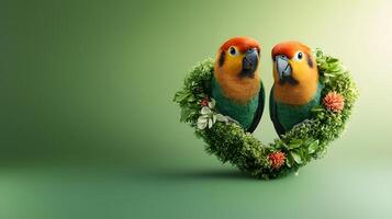 Two colorful parrots nestled in a heart-shaped floral arrangement on a soft gradient background photo