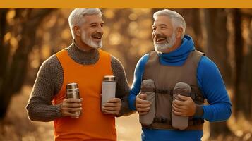 Two elderly men enjoying a cheerful conversation while walking in a sunlit forest path photo