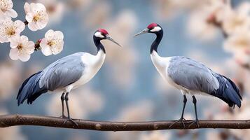Two elegant cranes perched on a branch amidst blooming flowers and a soft, blurred background photo