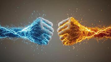 Two electrified fists clashing in a dynamic display of energy and motion against a neutral background photo