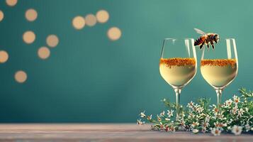 Two elegant glasses filled with honey wine, adorned with flowers, and a bee hovering above, set against a soft bokeh background photo