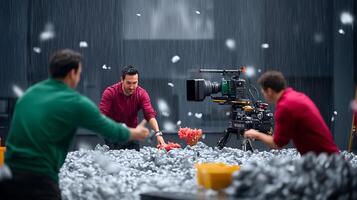 Two filmmakers create a dynamic scene with a camera amidst a flurry of paper in a studio photo