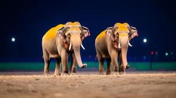 Two elephants adorned with colorful patterns walking together at night under bright lights photo