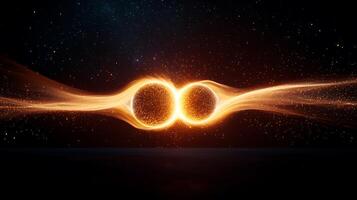 Two glowing orbs merging in a cosmic space, surrounded by swirling energy and particles photo
