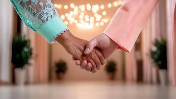 Two hands of different skin tones clasped together, symbolizing unity in a beautifully lit venue photo