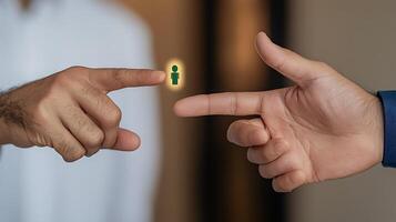 Two hands reaching towards a glowing figure, symbolizing connection and collaboration in a modern setting photo