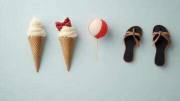 Two ice cream cones with a bow, a beach ball, and flip-flops on a light blue background photo