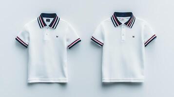 Two identical white polo shirts displayed side by side on a light background, showcasing minimalist design photo