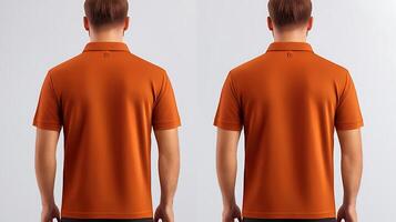 Two identical models wearing orange polo shirts, showcasing the back view in a minimalist studio setting photo