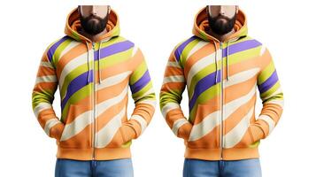 Two identical men wearing vibrant hoodies with abstract patterns, standing against a plain background photo