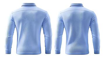 Two identical light blue long-sleeve polo shirts displayed back-to-back on a white background photo