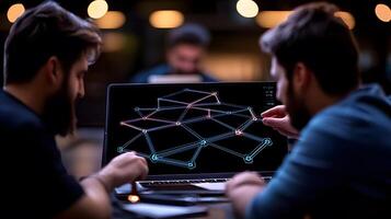 Two individuals collaborating on a complex digital network analysis in a modern workspace photo
