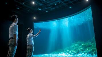 Two individuals interacting with a large immersive underwater display in a darkened room photo