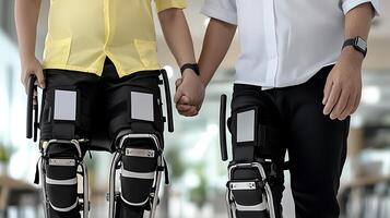 Two individuals using advanced exoskeletons while holding hands in a modern indoor setting photo
