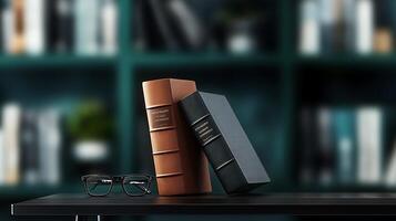 Two leather-bound books leaning against each other on a sleek table with blurred bookshelf background photo