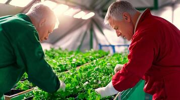 Two men tending to vibrant green plants in a greenhouse, showcasing teamwork and cultivation photo
