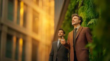 Two men in suits discussing ideas in an urban green space with modern buildings in the background photo