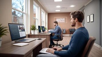 Two men working on computers in a modern office space, focused on tasks with plants around photo