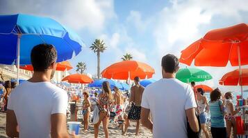 Two men walking on a crowded beach under colorful umbrellas, enjoying a sunny day photo
