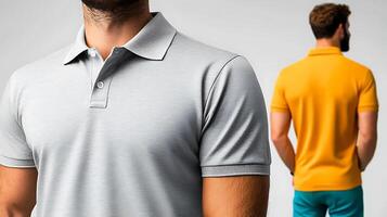 Two men in stylish polo shirts, one grey and one yellow, standing against a neutral background photo