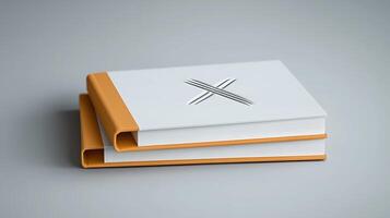 Two modern books with minimalistic design resting on a smooth surface, showcasing simplicity photo