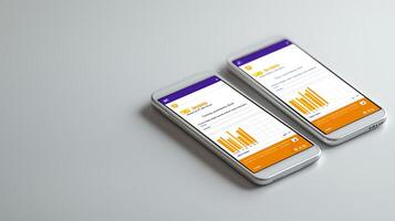 Two modern smartphones displaying analytical data on a clean surface, showcasing technology use photo