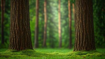 Two majestic trees stand tall in a lush green forest, with sunlight filtering through the leaves photo